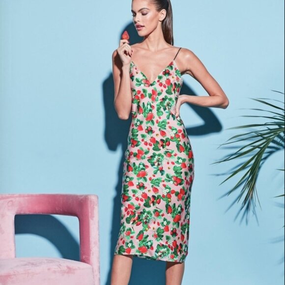 Fleur du Mal Dresses & Skirts - Fleur Du Mal blush pink red strawberry floral print silk midi slip dress